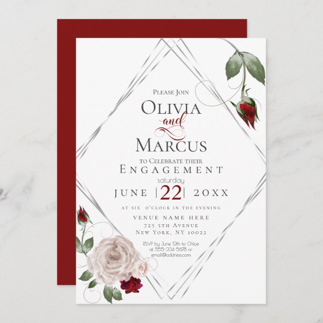 ENGAGEMENT | Wine Red and Blush Watercolor Roses Invitation (Front/Back)