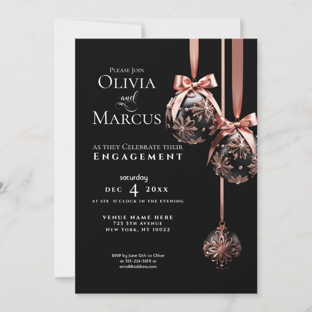 ENGAGEMENT | Winter Pink and Onyx Baubles  Invitation (Front)