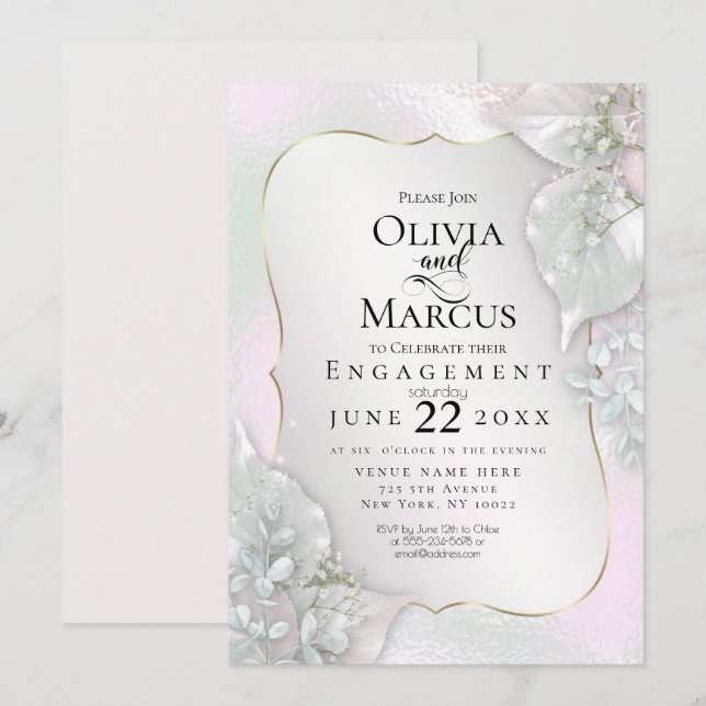 ENGAGEMENT | Wispy Pink Shimmery Leaves Invitation (Front/Back)