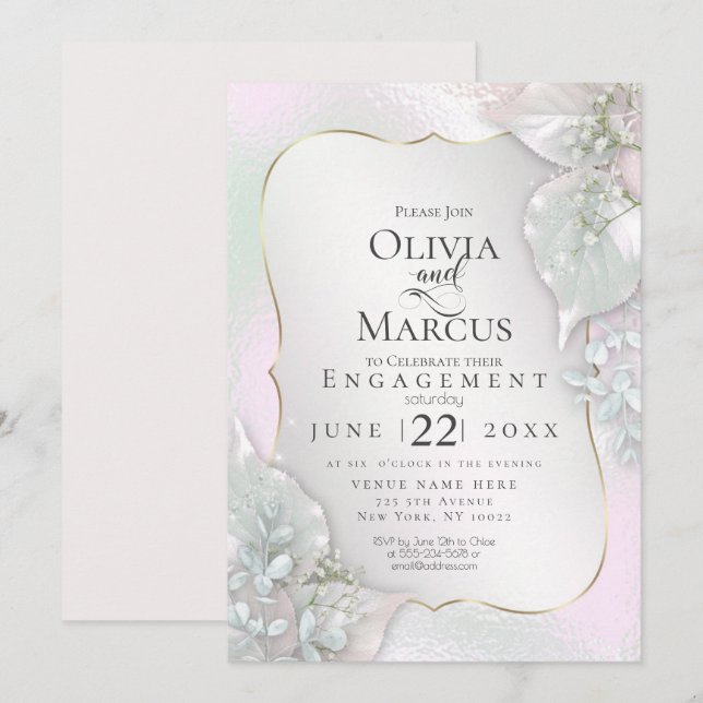 ENGAGEMENT | Wispy Pink Shimmery Leaves Invitation (Front/Back)