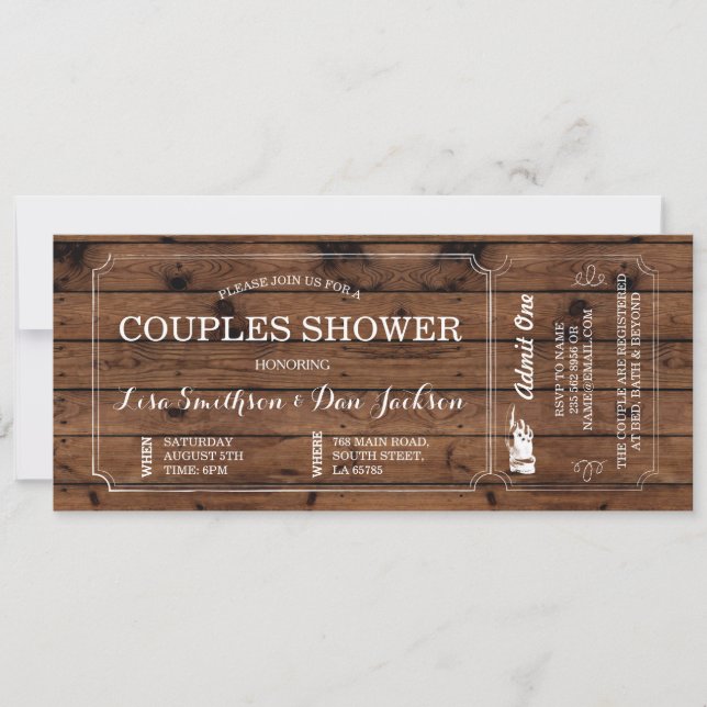 Engagement Wood Rustic Ticket Couple Shower Invitation (Front)