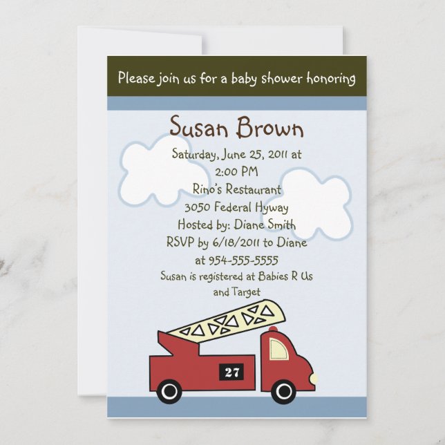 Engine 27 Firetruck Baby Shower Invitation (Front)