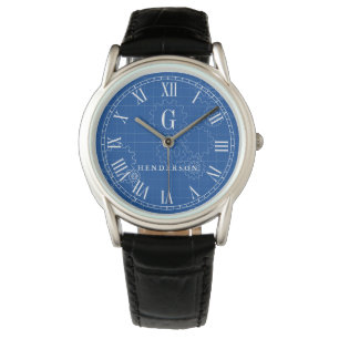 Engineer Blueprint Style Custom Monogram Name Watch