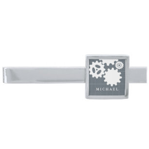 Engineer Blueprint Style Custom Name Grey Silver Finish Tie Clip