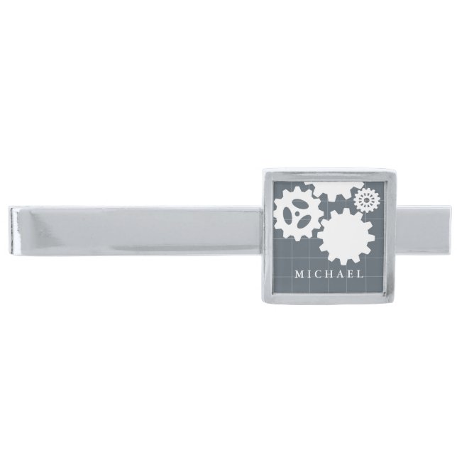 Engineer Blueprint Style Custom Name Grey Silver Finish Tie Clip (Front)