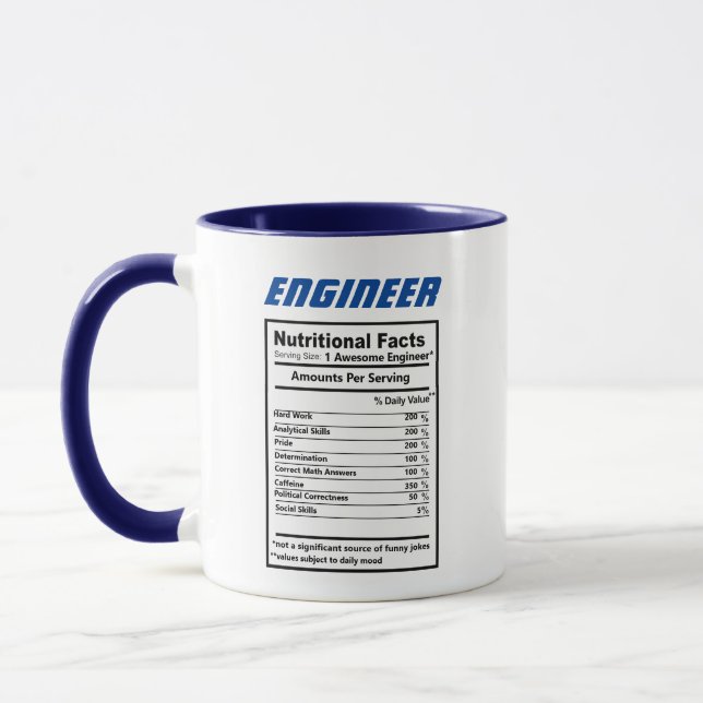 Engineer Nutritional Facts Jokes Puns Funny Coffee Mug (Left)