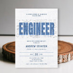 Engineering Graduation Engineer Blue Draft Party Invitation<br><div class="desc">A background of engineering drafting designs, with the same engineer drafting paper effect over the bold letters spelling the word ENGINEER in blue, decorate this modern, elegant and classy graduation party or celebration invitation for a newly minted engineer. The generic design fits many types of engineering degrees, from mechanical engineer,...</div>