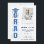 Engineering Graduation Engineer Photo Blue White Invitation<br><div class="desc">A background of engineering drafting designs, with the same engineer drafting paper effect over the bold letters spelling the word GRAD in blue, decorate this modern, elegant and classy graduation party or celebration photo invitation for a newly minted engineer. The generic design fits many types of engineering degrees, from mechanical...</div>