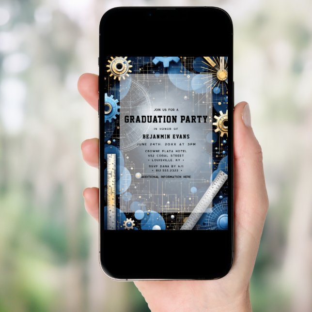 Engineering Graduation Gears Blueprint Photo Invitation (Front Digital)