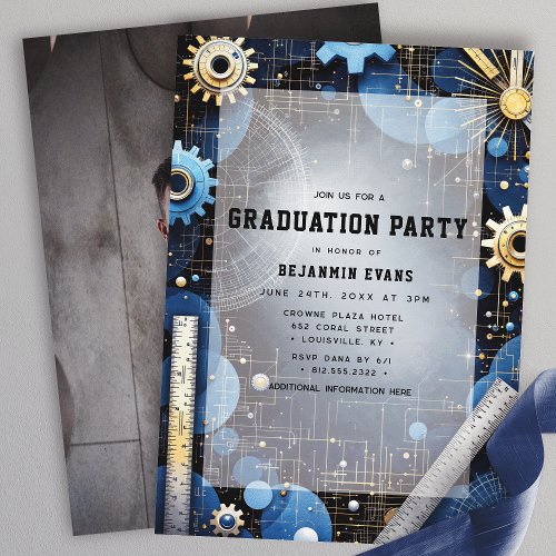 Engineering Graduation Gears Blueprint Photo Invitation