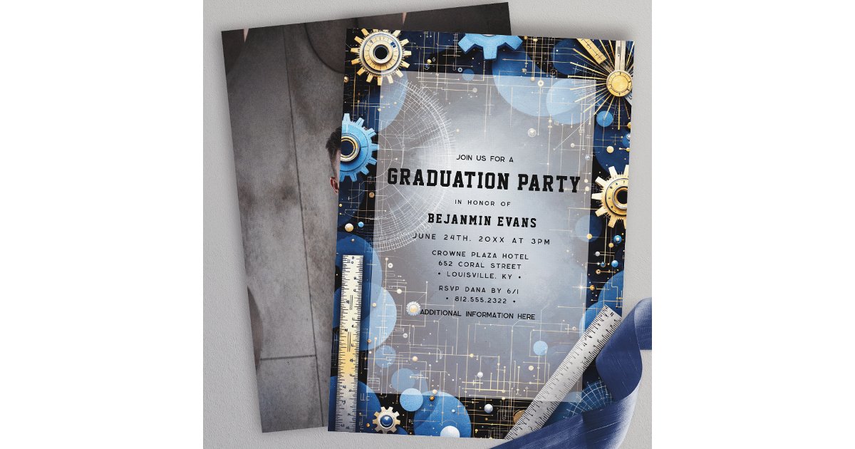 Engineering Graduation Gears Blueprint Photo Invitation | Zazzle