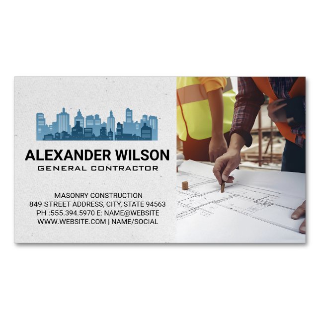 Engineers Blueprints | City Skyline Business Card Magnet (Front)