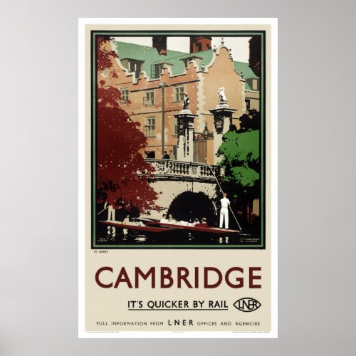 England Cambridge Vintage Travel Poster Restored
