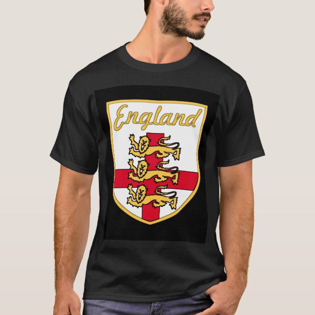 England, English, 3 Lions Badge or Crest,Black Bac T-Shirt (Front)
