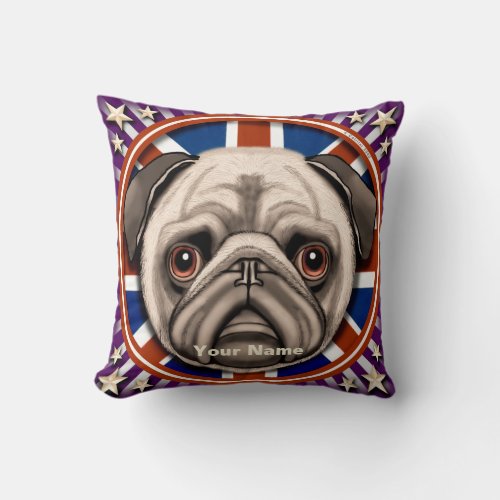 England Pug custom name Throw Pillow