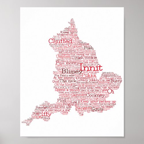 England Slang British Word Art Map Poster