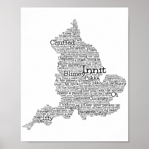 England Slang British Word Art Map Poster
