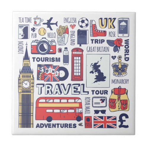England Travel Doodles Ceramic Tile