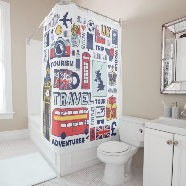 England Travel Doodles Shower Curtain (In Situ)