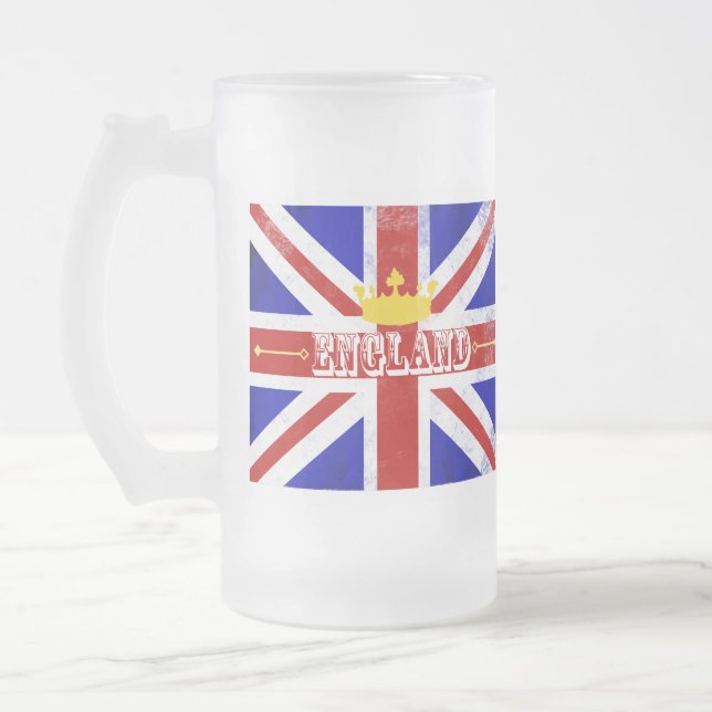 England Union Jack British Themed Distressed Flag Frosted Glass Beer Mug (Left)