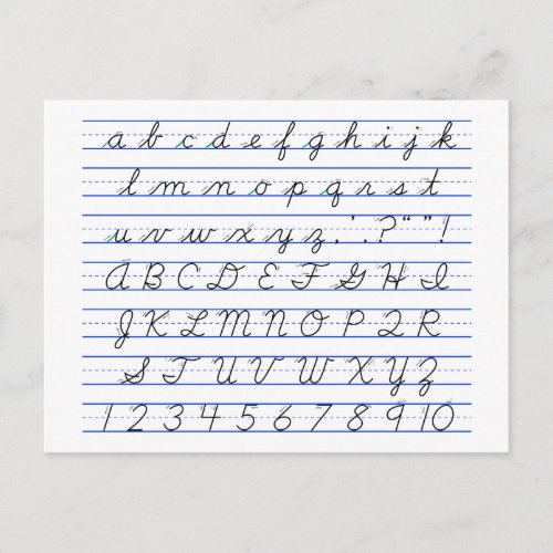 English Alphabet Diagram in Cursive Handwriting Postcard