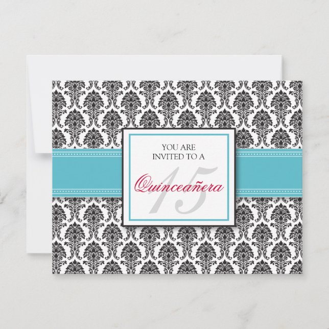ENGLISH Aqua Damask Quinceanera Invitation (Front)