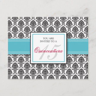 ENGLISH Aqua Damask Quinceanera Invitation