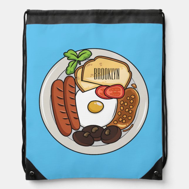 English breakfast cartoon illustration drawstring bag (Front)