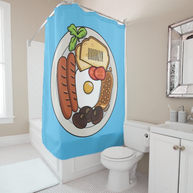 English breakfast cartoon illustration shower curtain (In Situ)
