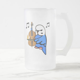 English Budgie Plays Bass Cello Frosted Glass Beer Mug