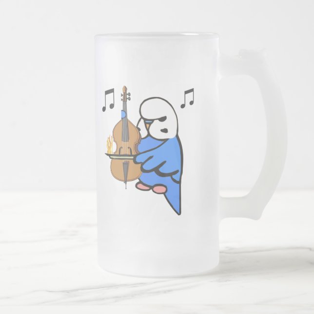 English Budgie Plays Bass Cello Frosted Glass Beer Mug (Right)