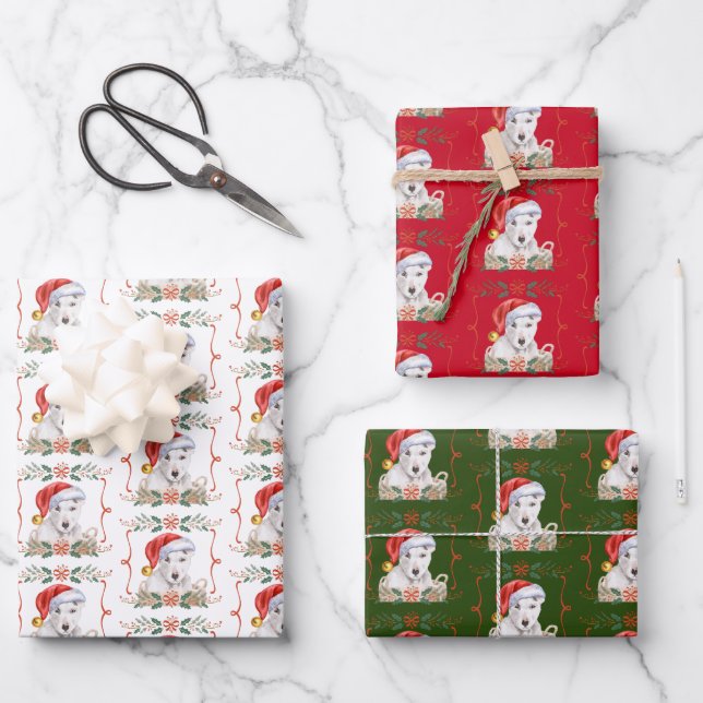 English Bull Terrier Dog Santa Christmas Wrapping Paper Sheets (Front)