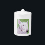 English Bull Terrier Teapot<br><div class="desc">An original acrylic painting of an English Bull Terrier. With it's egg shaped head and triangular eyes, the English Bull Terrier stands out in a crowd. The familiar pink shade of this dog looks great against the green background. Hand painted in acrylics by Tina Lewis.</div>