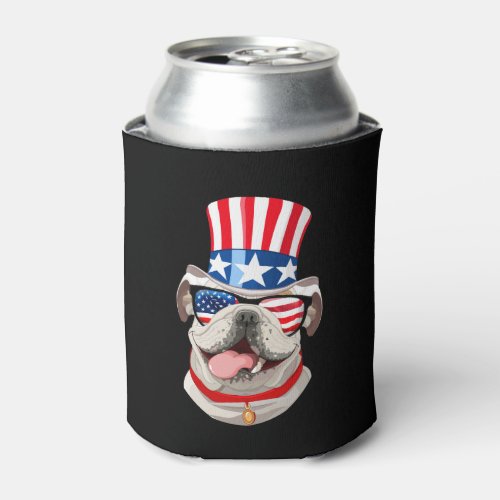 English Bulldog American Flag Hat 4th of July Dog Can Cooler