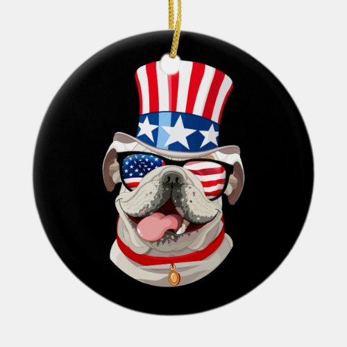 English Bulldog American Flag Hat 4th of July Dog Ceramic Ornament