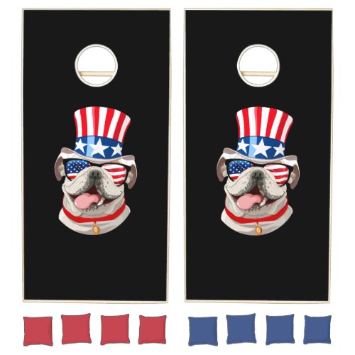 English Bulldog American Flag Hat 4th of July Dog Cornhole Set