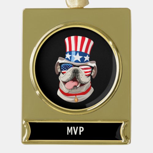 English Bulldog American Flag Hat 4th of July Dog Gold Plated Banner Ornament