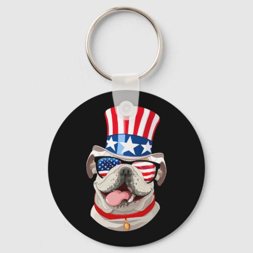English Bulldog American Flag Hat 4th of July Dog Keychain