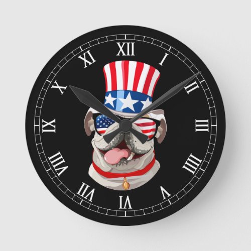 English Bulldog American Flag Hat 4th of July Dog Round Clock