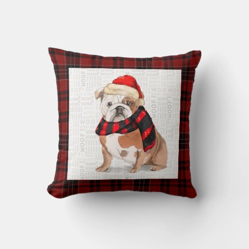 English Bulldog and Plaid Pet Lovers Christmas Thr Throw Pillow