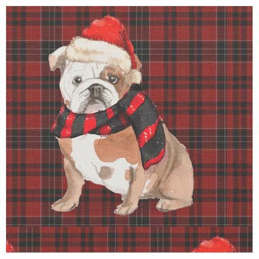English Bulldog and Red Plaid Christmas Fabric