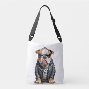 English Bulldog Biker Rebel in Leather Jacket Cool Crossbody Bag