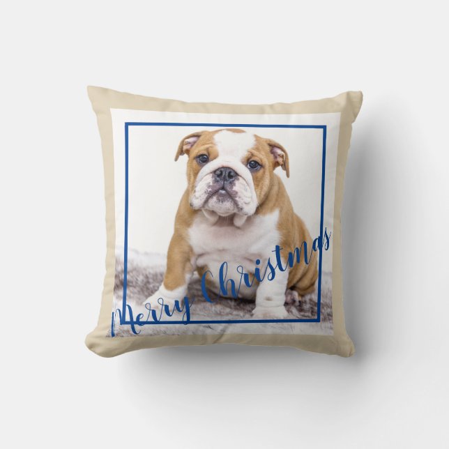 English Bulldog Blue Christmas Holiday Photo Throw Pillow (Front)
