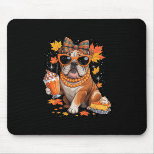 English Bulldog Bow Girls Fall Autumn Leaves Thank Mouse Pad