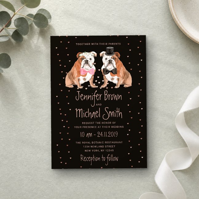 English Bulldog Bride Groom Wedding Dogs Black Invitation