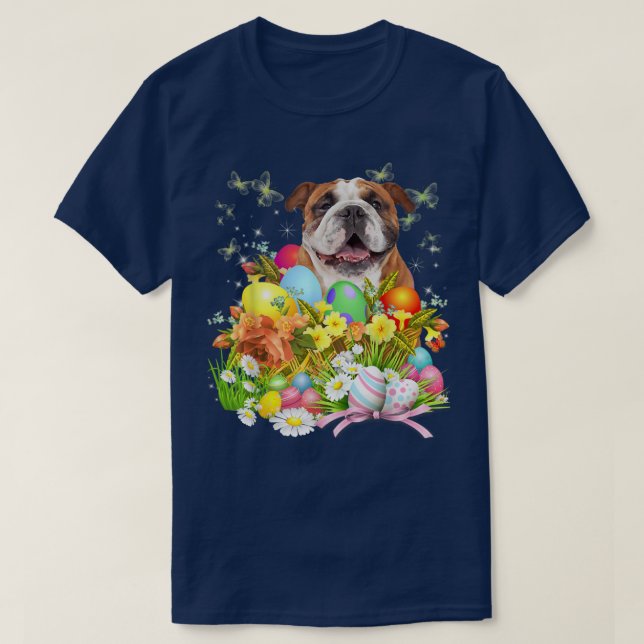English Bulldog Bunny Dog With Easter Eggs Basket  T-Shirt (Design Front)