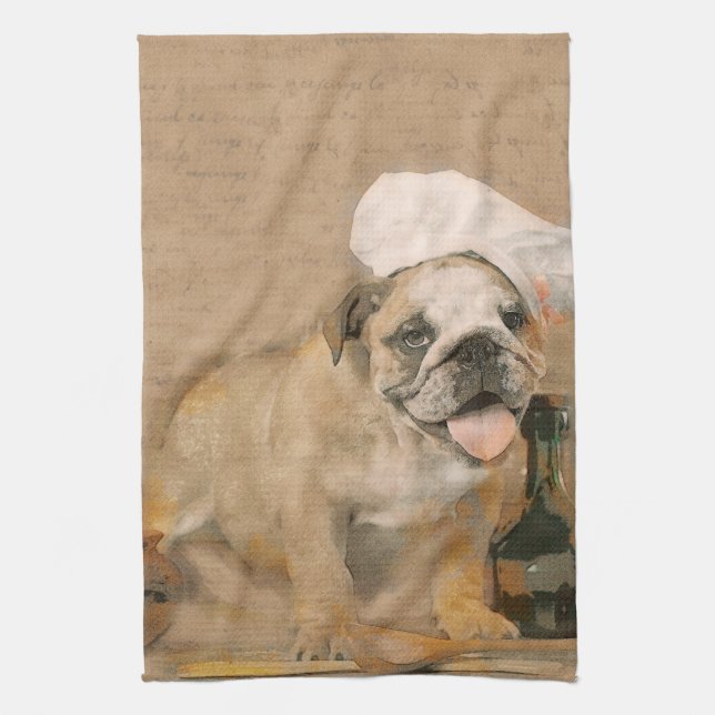 English Bulldog Chef Kitchen Print Towel (Vertical)