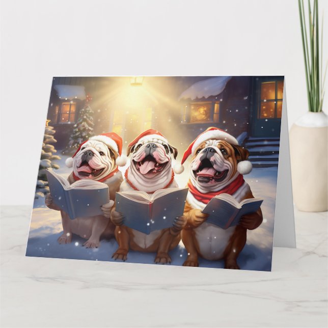 English Bulldog Christmas Carolers Fun Holiday Card (Front)