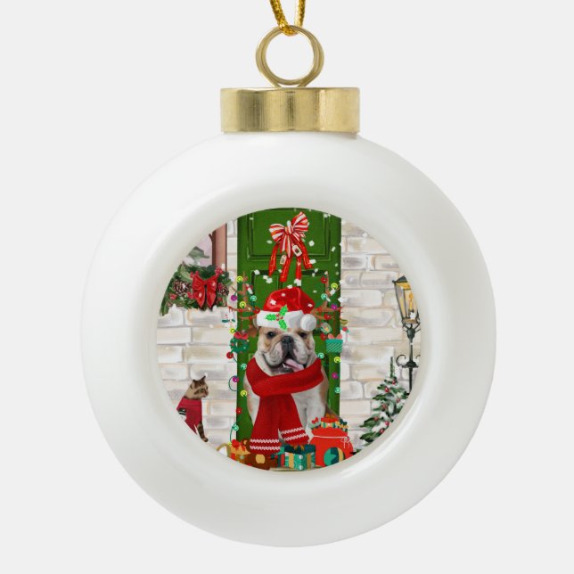 English Bulldog Christmas   Ceramic Ball Christmas Ornament (Front)