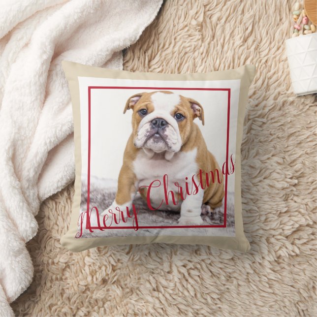 English Bulldog Christmas Custom Holiday Photo Throw Pillow (Blanket)
